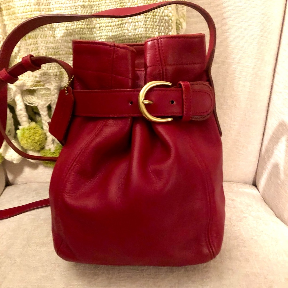 Coach vintage red leather belted bucket crossbody